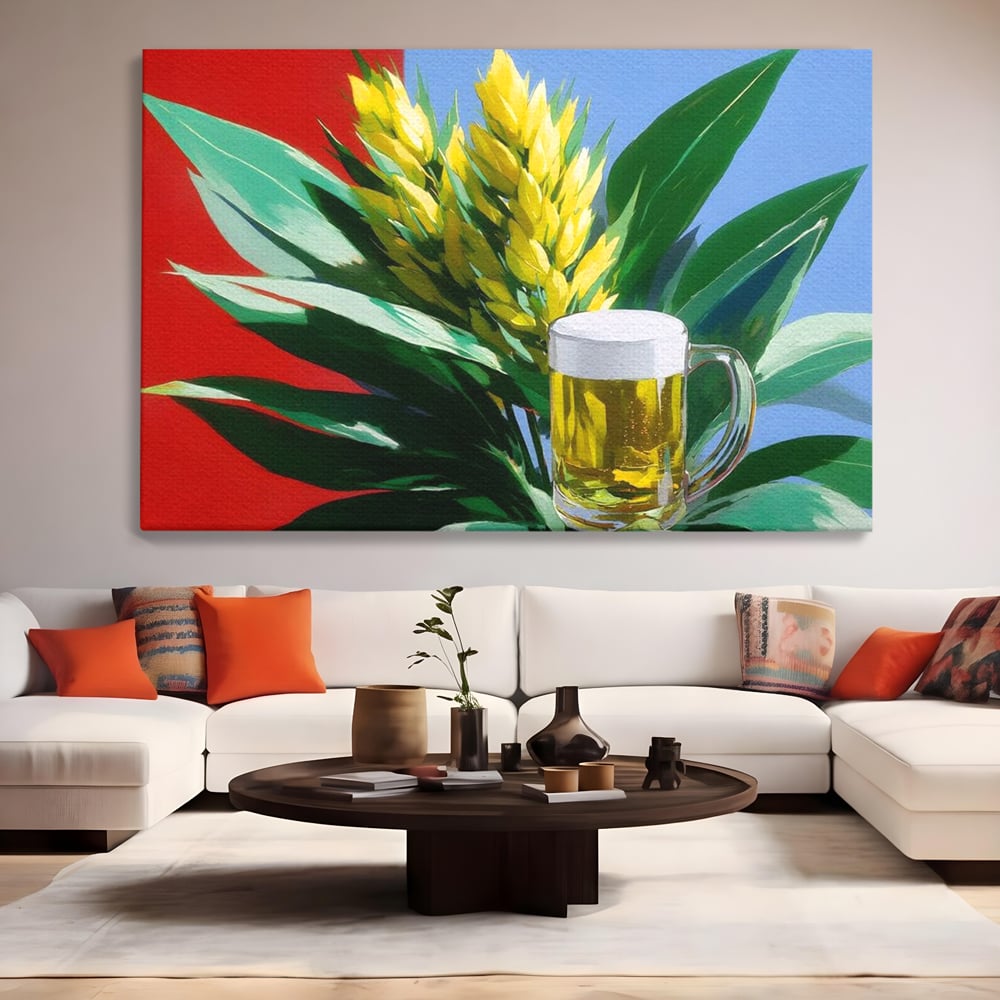 Tablou canvas cu tablou canvas cu halba de bere si frunze tropicale, fara rama, pe sasiu de lemn, pe perete intr-un living